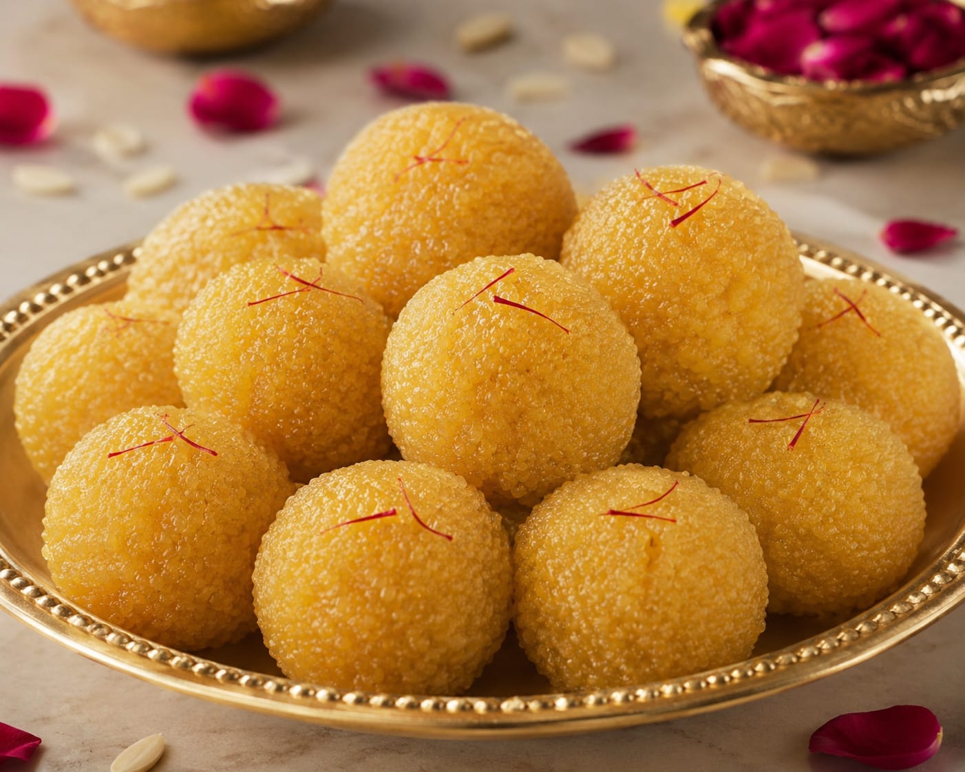 Golden Motichoor laddus presented on an ornate brass platter